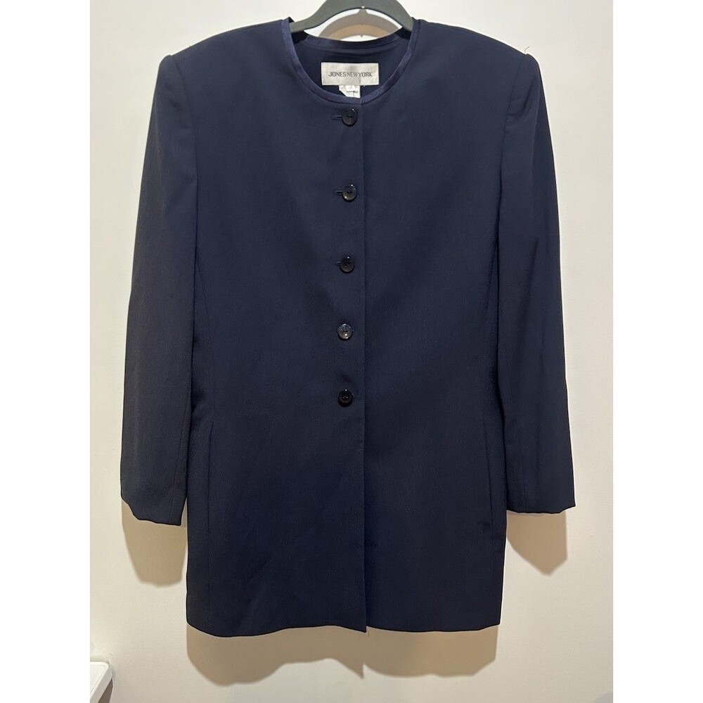 Jones New York Womens Navy Button Front Lined Long Sleeve Jacket Regular 14